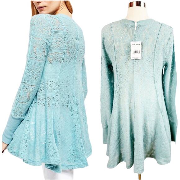FREE PEOPLE Coffee in the Morning Tunic Blue Astral Sea Knit Lace Sweater Small - Picture 4 of 8